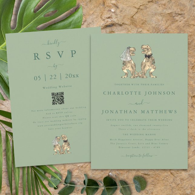 Dinosaur Theme Bröllop Sage Grönt Qr kod Inbjudningar (Dinosaur theme wedding qr code sage green invitation T-Rex dino bride & groom modern elegant script)