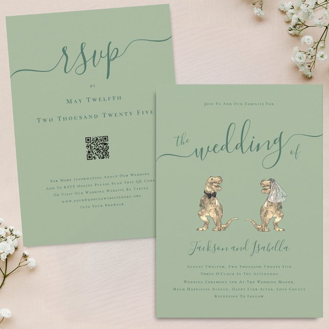 Dinosaur Theme Bröllop Sage Grönt QR kod Inbjudningar (Dinosaur theme wedding sage green QR code invitation Elegant modern script T-Rex dino Bride & groom)