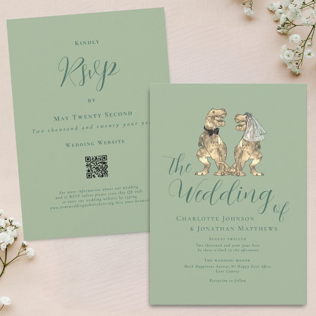Dinosaur Theme Bröllop Sage Grönt QR kod Inbjudningar (Dinosaur theme wedding sage green QR code invitation Modern elegant script fun T-Rex dino couple)