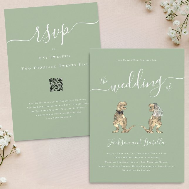 Dinosaur Theme Bröllop Sage Grönt Vit QR- kod Inbjudningar (Dinosaur theme wedding sage green QR code invitation Eleagnt modern script T-Rex dino bride & groom)
