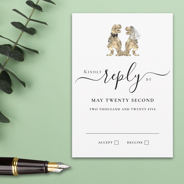 Dinosaur Theme Bröllop svar (T-Rex bride and groom funny dinosaur wedding rsvp card with elegant modern script )