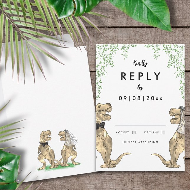Dinosaur Theme Bröllop svar (T-Rex bride and groom funny dinosaur wedding invitation RSVP reply enclosure card)