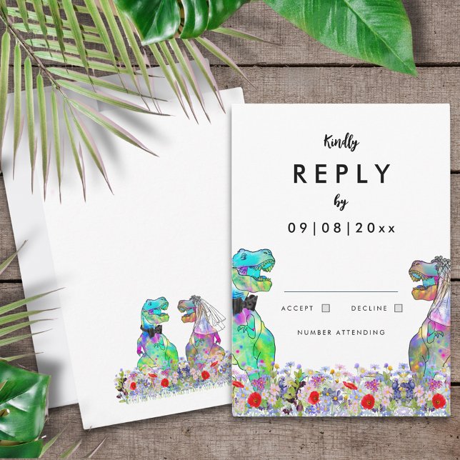 Dinosaur Theme Bröllop svar (Colorful T-Rex bride and groom in wildflower meadow dinosaur themed wedding reply enclosure card)