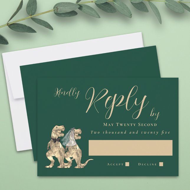 Dinosaur Theme Bröllop svar (Dinosaur wedding dark green invitation RSVP T-Rex dino bride and groom modern elegant script)
