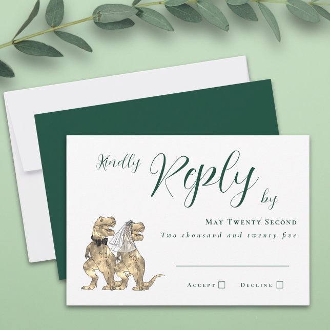 Dinosaur Theme Bröllop svar (Dinosaur theme dark green wedding invitation RSVP T-Rex dino bride and groom elegant script )