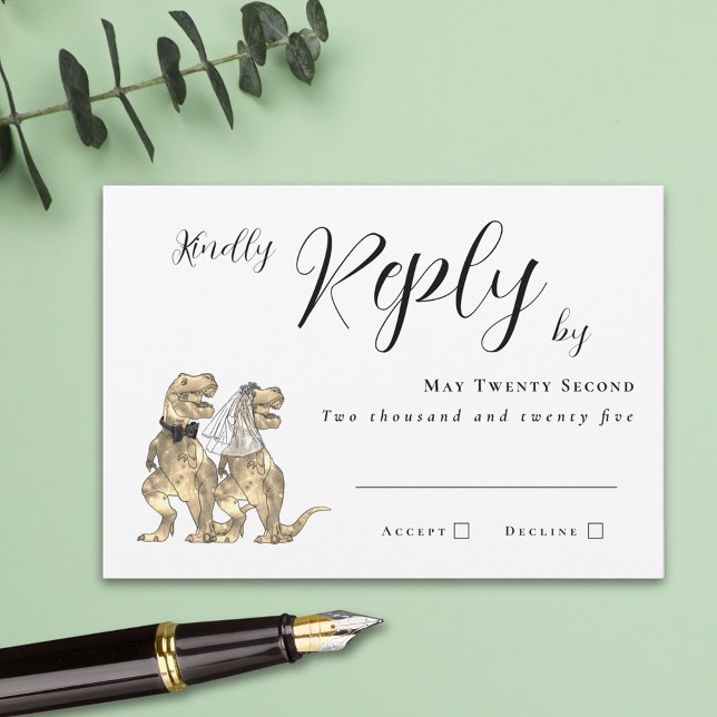 Dinosaur Theme Bröllop svar (funny dinosaur wedding RSVP card T-Rex bride and groom modern elegant script simple minimalist )