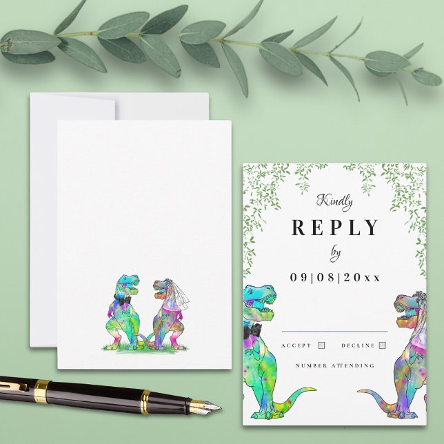 Dinosaur Theme Bröllop svar (Botanical dinosaur wedding invitation with qr code and watercolor eucalyptus foliage)