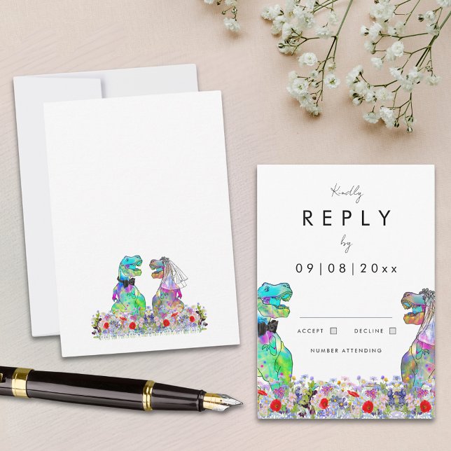 Dinosaur Theme Bröllop svar (Modern wildflower dinosaur theme wedding reply enclosure card)