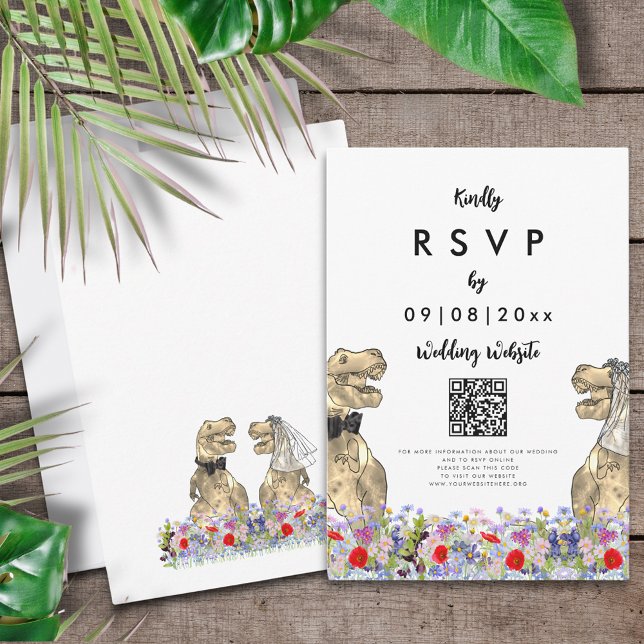 Dinosaur Theme Bröllop Svar QR-kod (T-Rex bride and groom dinosaur wedding website QR code RSVP enclosure card )