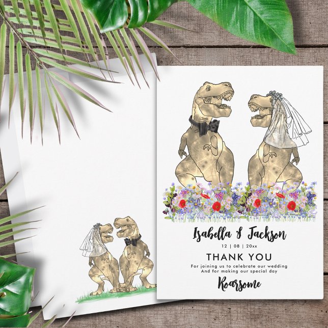 Dinosaur Theme Bröllop Tack (Dinosaur wedding funny T-Rex Bride and Groom colorful wildflower thank you card)