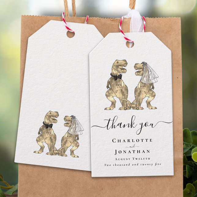 Dinosaur Theme Bröllop Tack Presentetikett (Dinosaur bride and groom personalized black and white wedding thank you favor tags elegant script)