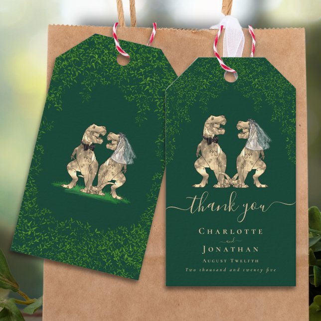 Dinosaur Theme Bröllop Tack Presentetikett (dark green Dinosaur wedding personalized tank you favor tags with T-Rex bride and groom & eucalyptus)