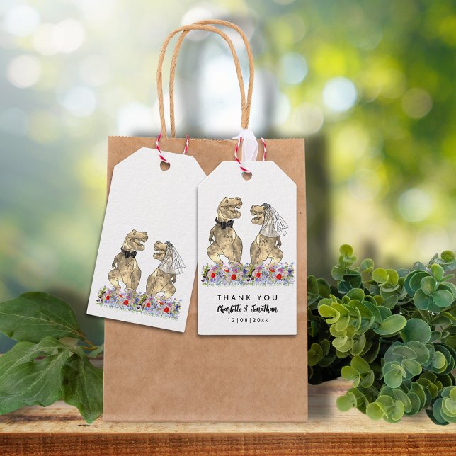 Dinosaur Theme Bröllop Tack Presentetikett (Dinosaur wedding T-Rex bride and groom and colorful wildflowers custom wedding thank you favor tags)