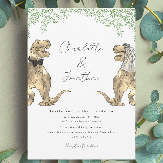 Dinosaur Theme bröllopsinbjudan Inbjudningar (Jurassic theme dinosaur wedding invitation with watercolor greenery)