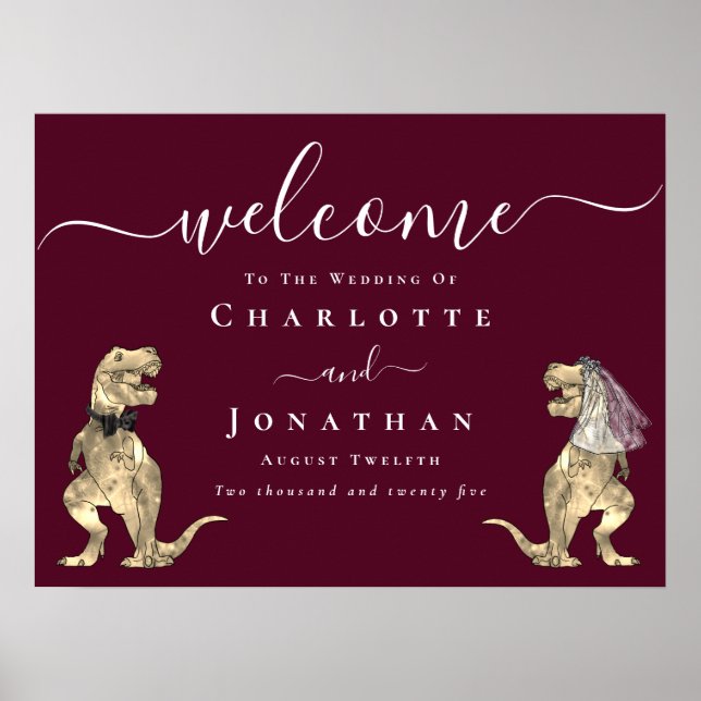 Dinosaur Theme Burgundy Wine Wedding Welcome Poster (Framsidan)