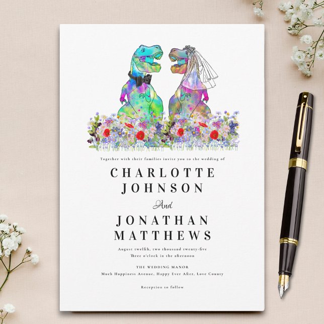 Dinosaur Theme Colorful Wildblomma Bröllop Inbjudningar (Colorful wildflower dinosaur theme wedding invitation with fun dino bride and groom)