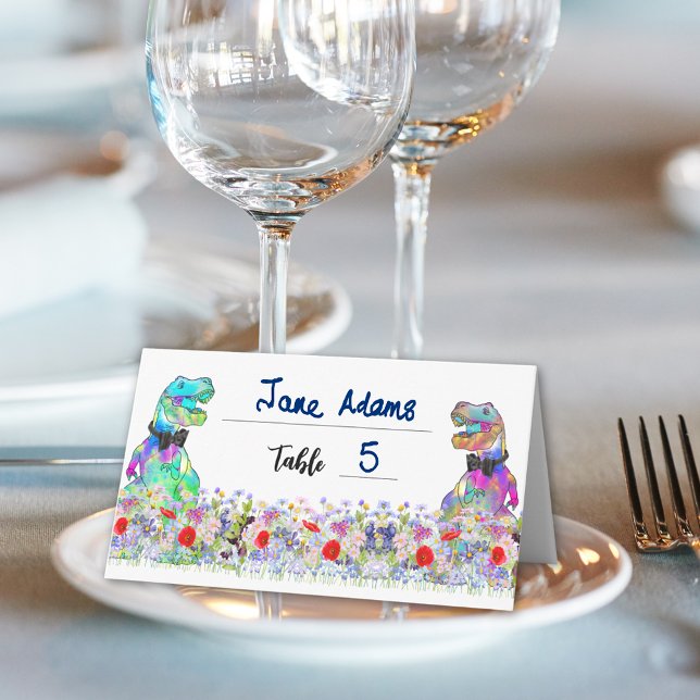 Dinosaur Theme Gay Wedding Wildflower Placeringskort (Dinosaur 2 grooms wildflower gay wedding name Place cards Colorful T-Rex dino Jurassic wedding)
