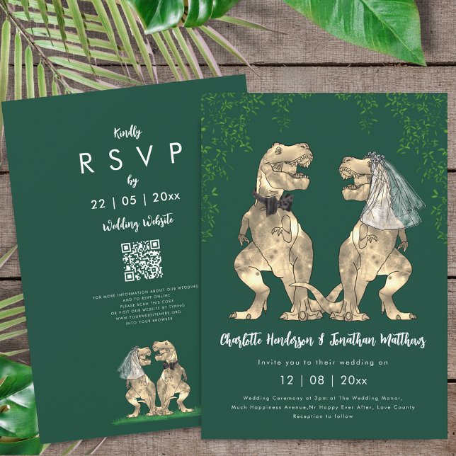 Dinosaur theme Green Wedding QR Code  Inbjudningar (T-Rex bride and groom dinosaur wedding green rsvp qr code invitation watercolor Eucalyptus foliage )