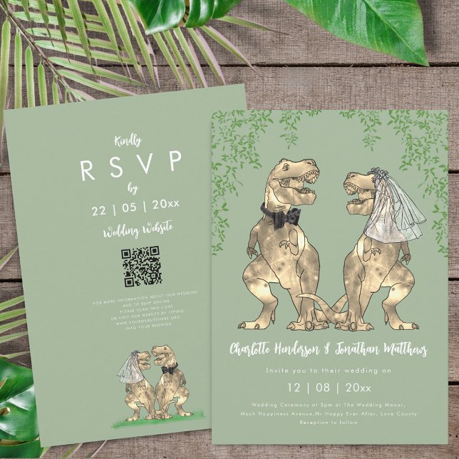 Dinosaur theme Sage Green Wedding QR Code  Inbjudningar (T-Rex bride and groom dinosaur sage green wedding qr code invitation )