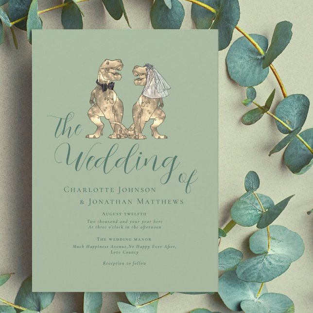 Dinosaur Theme Sage Grönt Bröllop Inbjudningar (Dinosaur theme wedding sage green elegant modern script invitation fun T-Rex bride and groom)