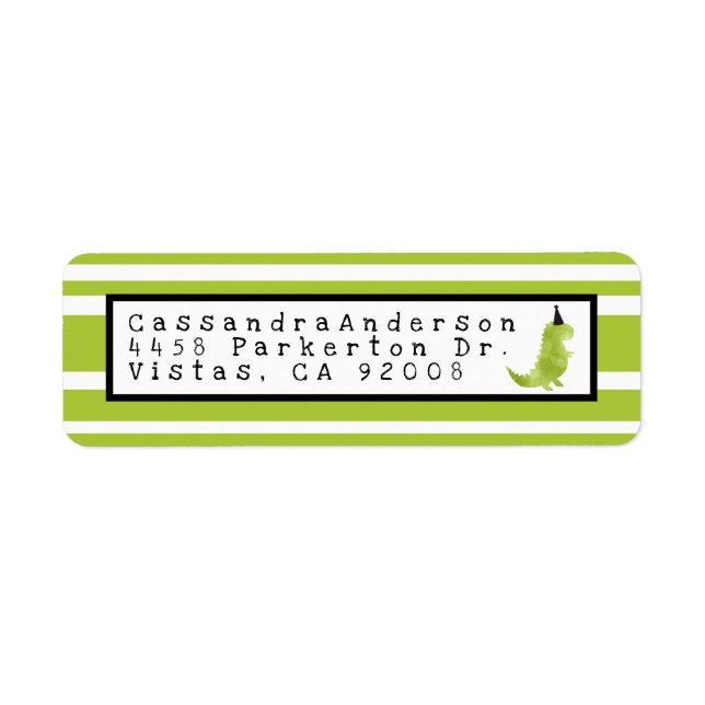 Dinosaur Theme Stomp och Chomp Grönt Dino Birthday Returadress Etikett (Framsidan)