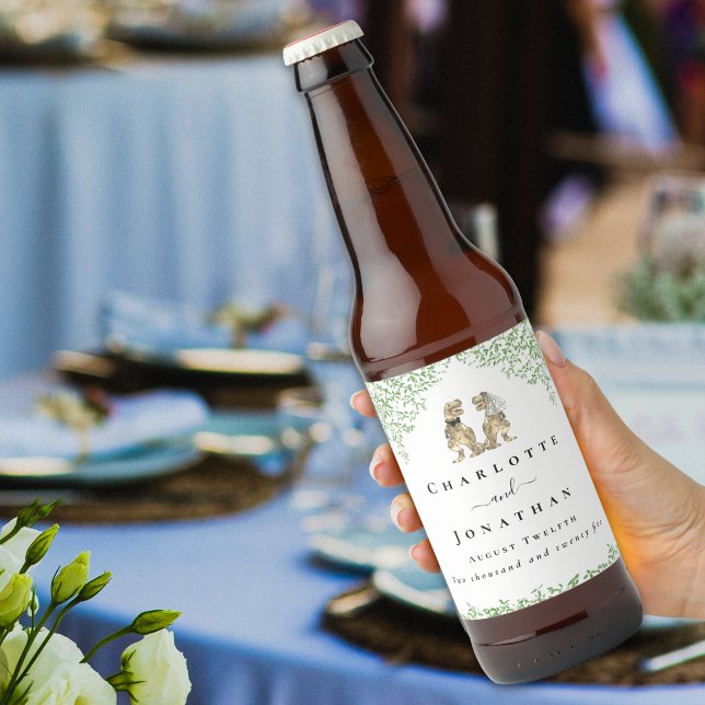 Dinosaur Theme Wedding Custom Ölflaska Etikett (Personalized dinosaur wedding beer labels Watercolor eucalyptus T-Rex bride & groom elegant script)