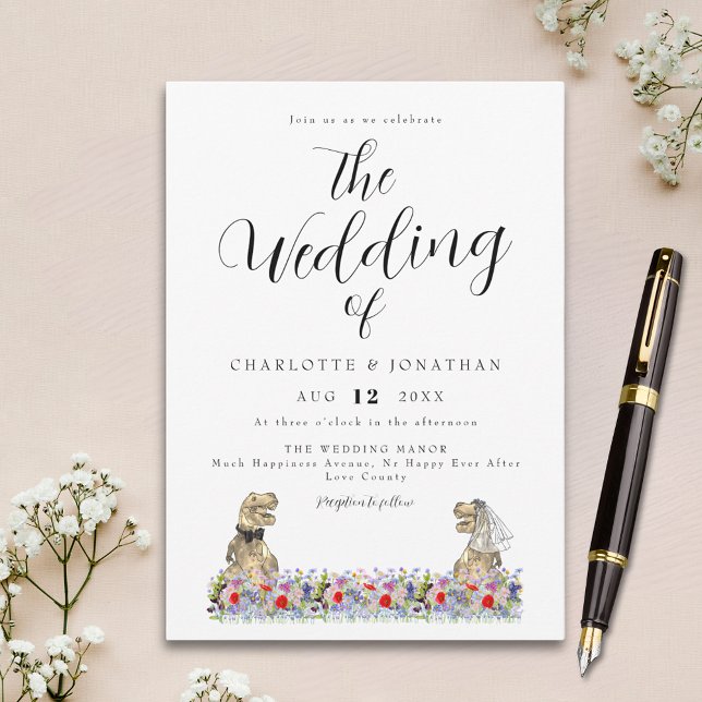 Dinosaur Theme Wildblomma Bröllop Inbjudningar (Elegant script dinosaur wildflower wedding invitation)