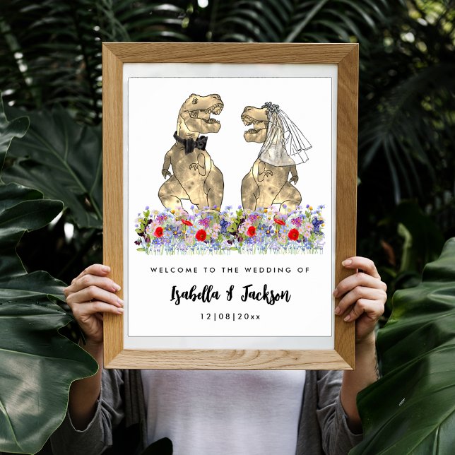 Dinosaur Theme Wildblomme Bröllop Välkommen Poster (Dinosaur themed wedding fun T-Rex bride and groom in wildflower meadow custom wedding welcome poster)