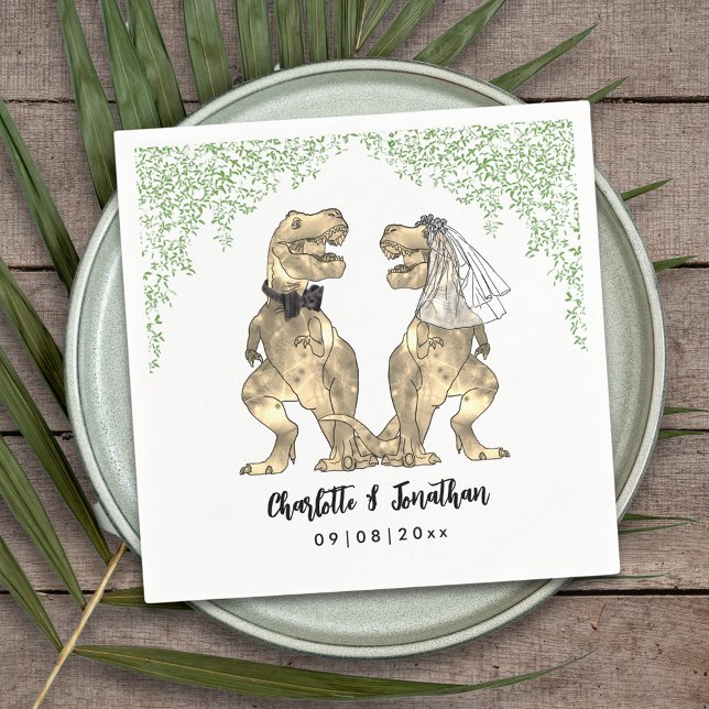 Dinosaur Thmet Bröllop Anpassningsbar Pappersservett (Dinosaur themed wedding with fun T-Rex bride and groom with  Jurassic jungle foliage custom napkin)