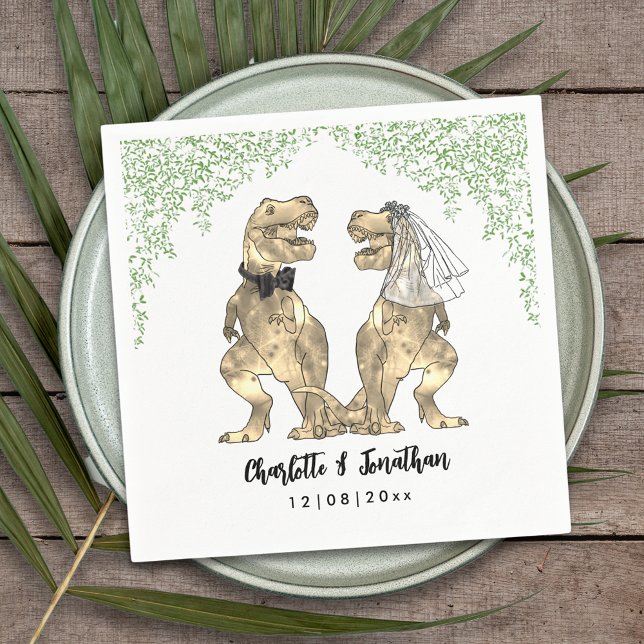 Dinosaur Thmet Bröllop Anpassningsbar Pappersservett (Dinosaur themed wedding with fun T-Rex bride and groom with  Jurassic jungle foliage custom napkin)