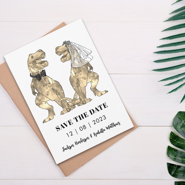 Dinosaur Thmet Bröllop Grönt Spara Datumet (T-Rex bride and groom funny dinosaur wedding save the date invitation)
