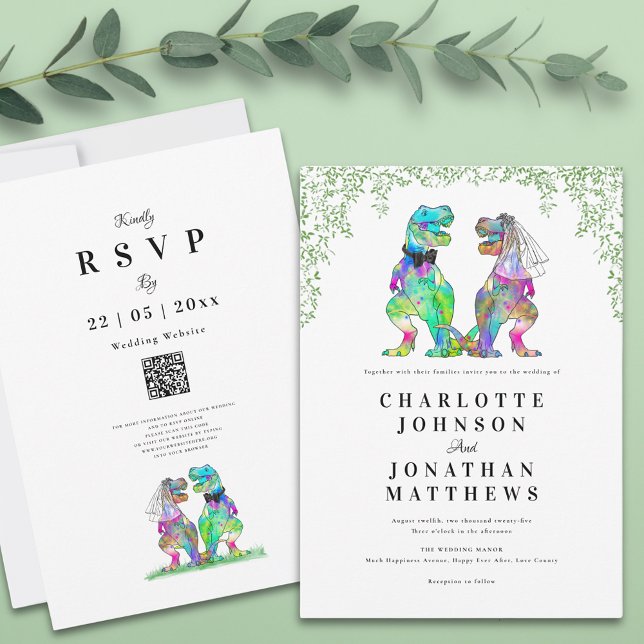Dinosaur Thmet Bröllop QR-kod Inbjudningar (Botanical dinosaur wedding invitation with qr code and watercolor eucalyptus foliage)