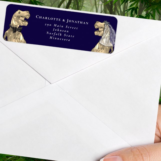 Dinosaur Thmet Bröllop Returadress Returadress Etikett (Dinosaur wedding navy blue and white custom return address label Sticker T-Rex dino bride and groom)