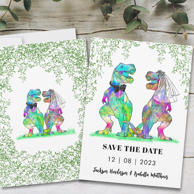 Dinosaur Thmet Bröllop Roligt Spara Datumet (Funny dinosaur wedding save the date invitation with colorful T-Rex bride and groom )