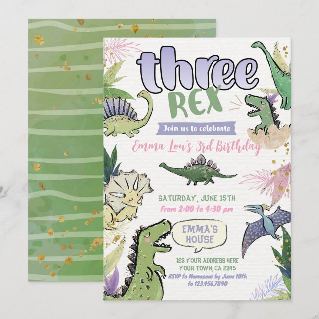 Dinosaur Thmet Party 3:e födelsedagen Inbjudningar (Fram/baksida)