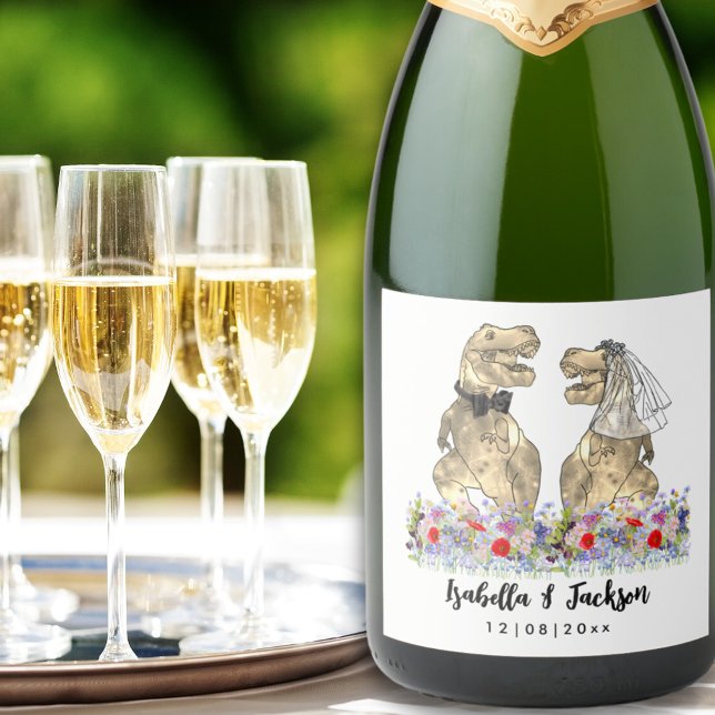 Dinosaur Thned Bröllop (Dinosaur bride and groom custom funny dinosaur wedding sparkling wine label)