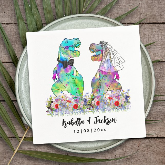 Dinosaur Thned Bröllop Pappersservett (Dinosaur wedding funny T-Rex bride and groom colorful floral personalized napkin)