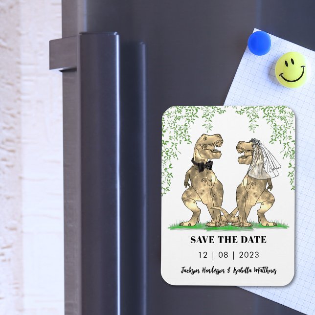 Dinosaur Thned Bröllop spara datum Magnet (T-Rex bride and groom funny dinosaur wedding save the date magnet)