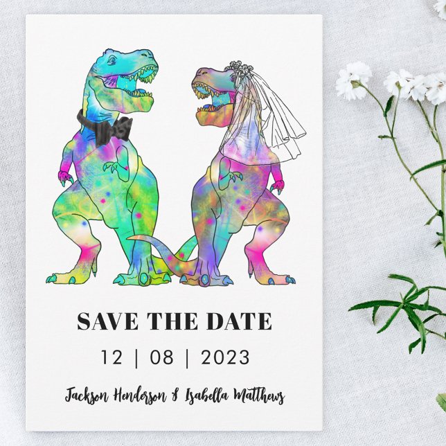 Dinosaur Thned Bröllop Spara Datumet (Dinosaur bride and groom wedding save the date invitation funny colorful T-Rex )