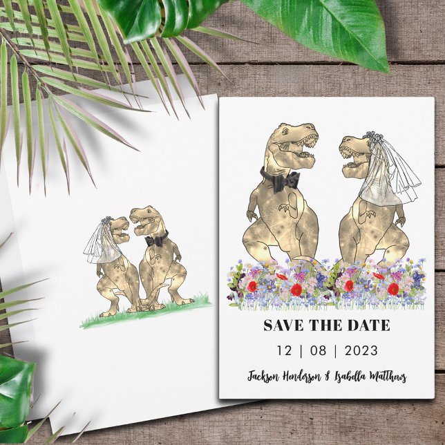 Dinosaur Thned Bröllop Spara Datumet (Dinosaur themed wedding save the date invitation with T-Rex bride and groom & colorful wildflowers )