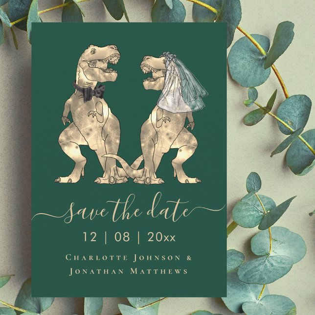 Dinosaur Thned Bröllop Spara Datumet (Funny dinosaur wedding save the date T-Rex bride and groom dino elegant script Dark green invitation)
