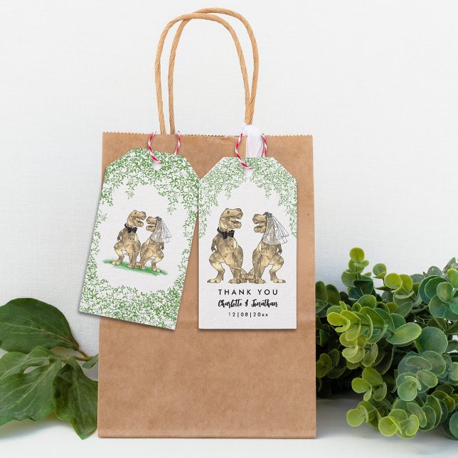 Dinosaur Thned Bröllop Tack Presentetikett (Dinosaur themed wedding thank you tag with funny T-Rex bride and groom)