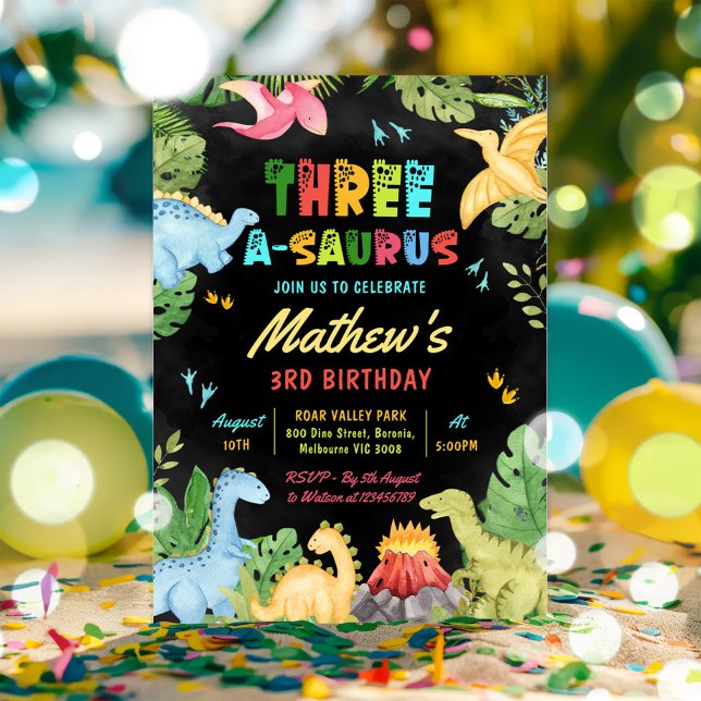 Dinosaur Three A-Saurus 3:e födelsedagen Party Inbjudningar (Skapare uppladdad)