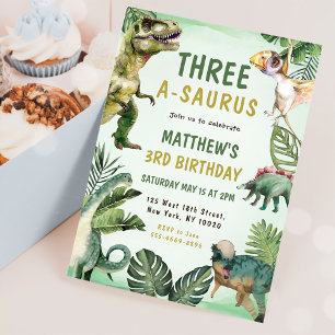Dinosaur Three A-Saurus 3:e födelsedagen Party Inbjudningar