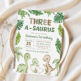 Dinosaur Three A-Saurus 3:e födelsedagen Party Inbjudningar