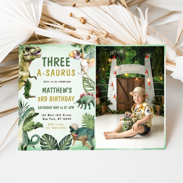Dinosaur Three A-Saurus 3:e födelsedagen Party Pho Inbjudningar (Skapare uppladdad)