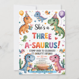 Dinosaur Three A-Saurus 3rd Birthday Party T-Rex Inbjudningar