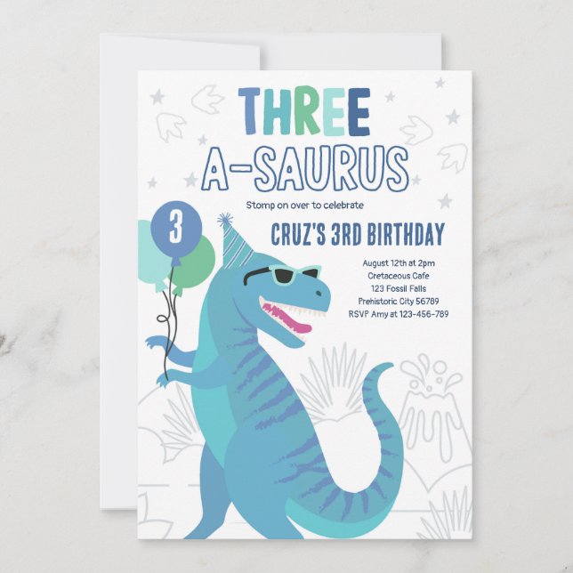 Dinosaur Three A-Saurus 3rd Birthday Party T-Rex Inbjudningar (Framsida)
