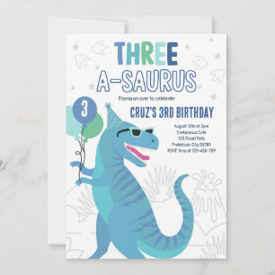 Dinosaur Three A-Saurus 3rd Birthday Party T-Rex Inbjudningar