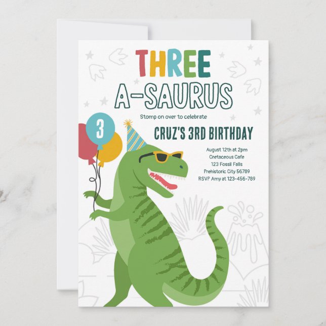 Dinosaur Three A-Saurus 3rd Birthday Party T-Rex Inbjudningar (Framsida)